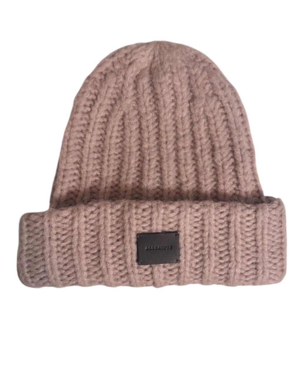 All Saints Unisex Pink Beanie Hat Front Patch Chunky Knit Wool Blend City